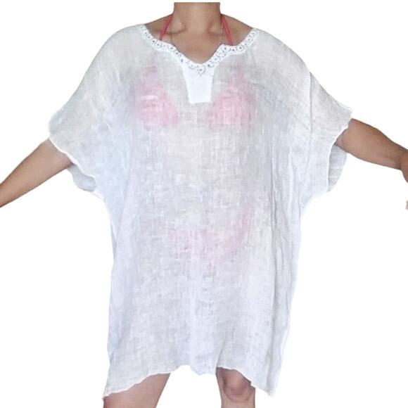 DOLMA white swim semi sheer linen beach boho cover up dress FREE SIZE - Picture 10 of 10